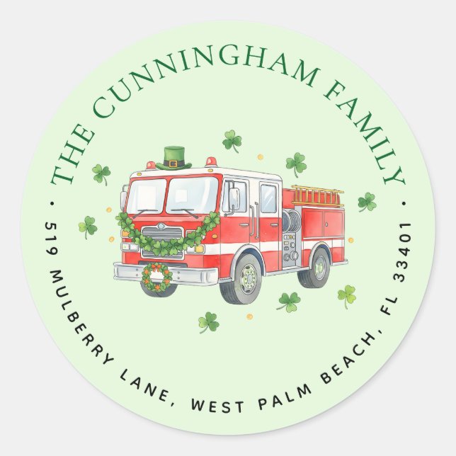Custom Firefighter St. Patrick's Day Address Classic Round Sticker (Front)