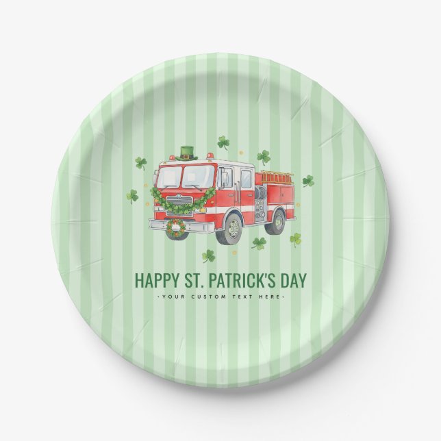 Custom Firefighter St. Patrick's Day Fire Truck Paper Plate (Front)