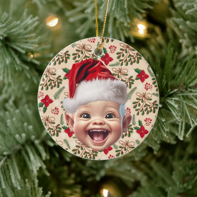 Custom First Baby Face Santa Hat Christmas Photo Ceramic Tree Decoration (Tree)