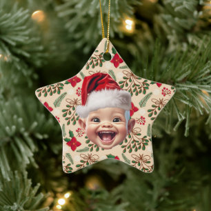 Custom First Baby Face Santa Hat Christmas Photo Ceramic Tree Decoration