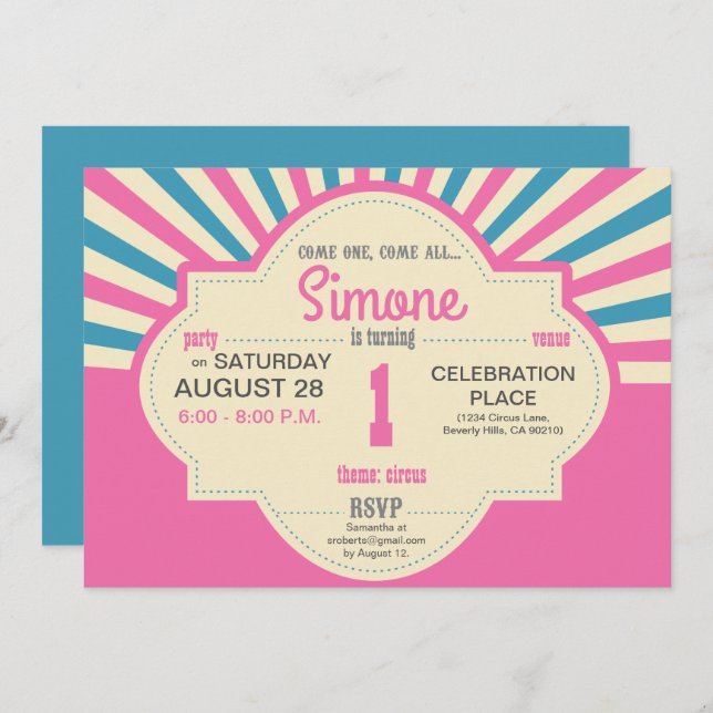 Custom, First birthday, Circus Themed, pink, blue Invitation (Front/Back)