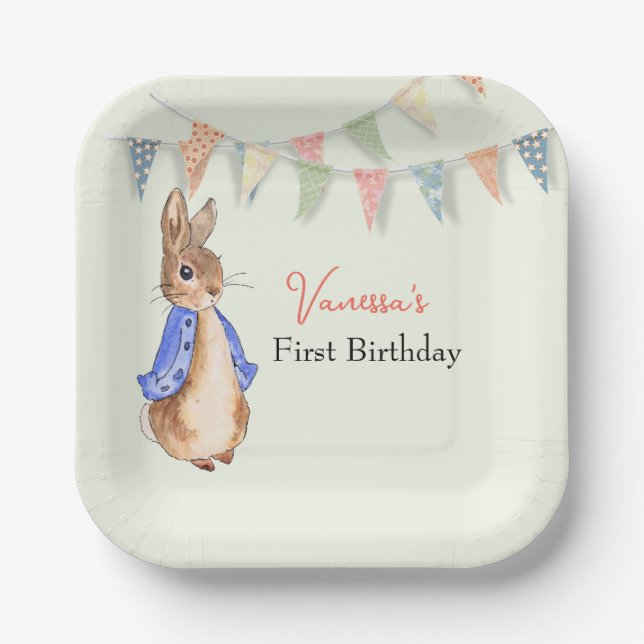 Custom First Birthday Peter the rabbit buntings Paper Plate (Front)