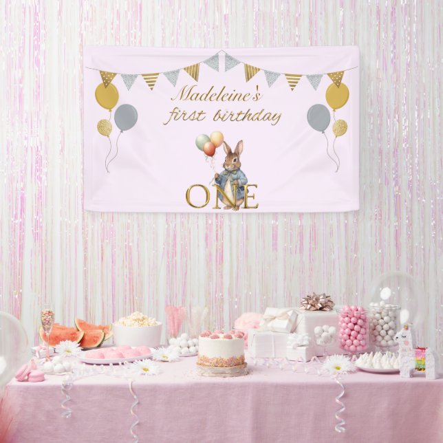 Custom First birthday rabbit with balloons Banner (Party)