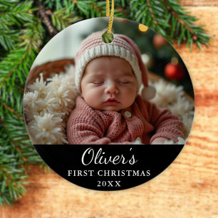 Custom First Christmas Baby Photo Black Ceramic Tree Decoration
