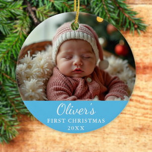Custom First Christmas Baby Photo Blue Ceramic Tree Decoration