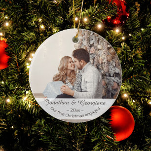 Custom first Christmas engaged 2025 photo holiday Ceramic Tree Decoration