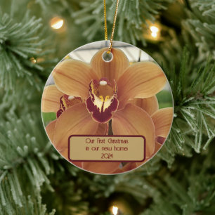 Custom "First Christmas in our new home" orchid Ceramic Tree Decoration