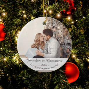 Custom first Christmas married 2023 photo holiday Ceramic Tree Decoration