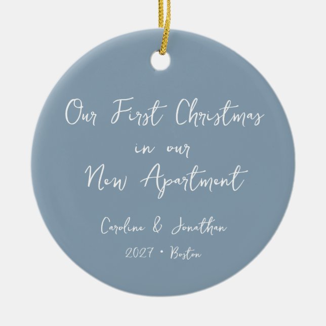 Custom First Christmas New Apartment Blue Photo Ceramic Tree Decoration (Front)