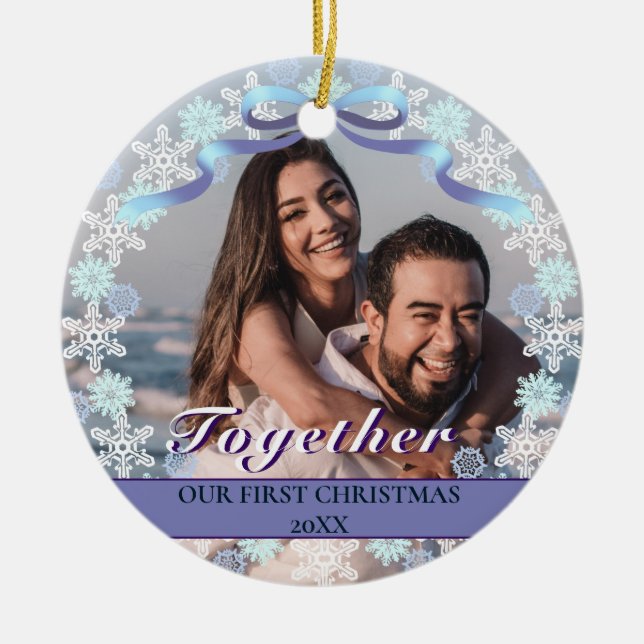 Custom First Christmas Together Purple Snowflakes Ceramic Tree Decoration (Front)