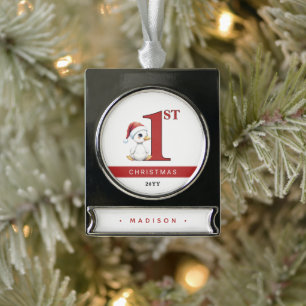 Custom First Christmas Watercolor Baby Goose Duck Silver Plated Banner Ornament
