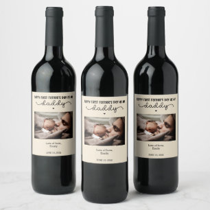 Custom First Father's Day Cute Minimalist Photo Wine Label