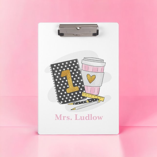Custom First Grade Teacher Black Notebook Coffee Clipboard (Creator Uploaded)