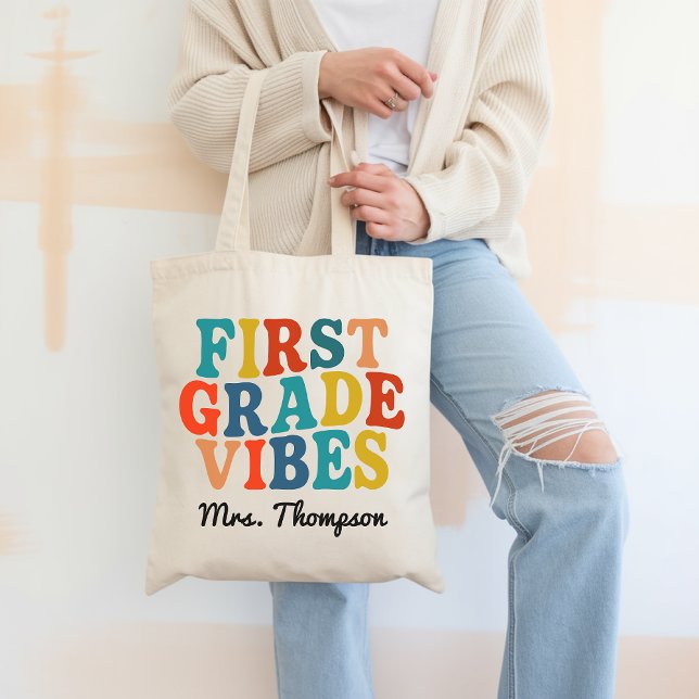 Custom First Grade Vibes Bag Retro Teacher Gift (first grade vibes tote, teacher tote bag, retro teacher gift, first grade teacher gift, custom tote )