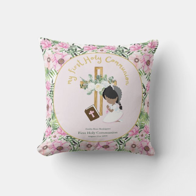 Custom First Holy Communion Cute Black Hair Girl Cushion (Front)
