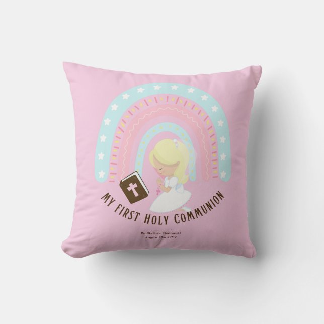 Custom First Holy Communion Cute Blonde Hair Girl Cushion (Front)