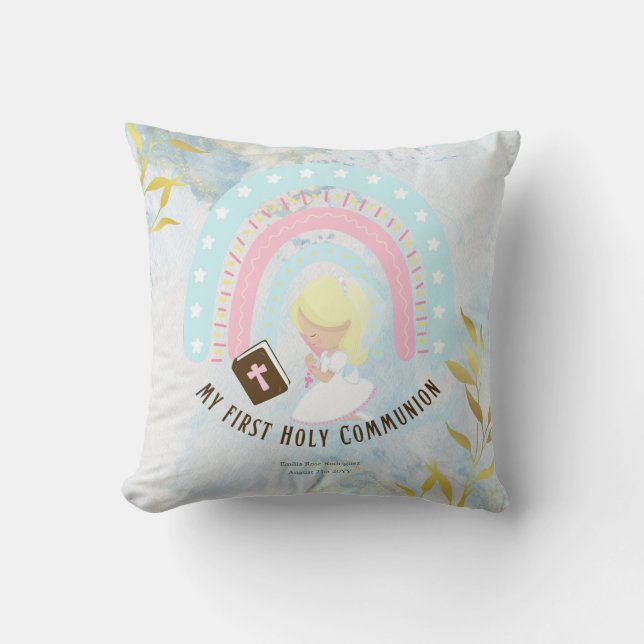 Custom First Holy Communion Cute Blonde Hair Girl Cushion (Front)