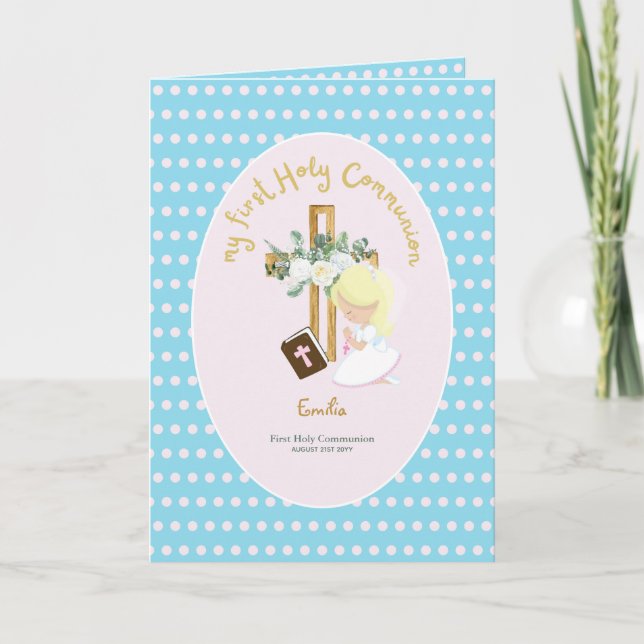 Custom First Holy Communion Cute Blonde Hair Girl  Thank You Card (Front)
