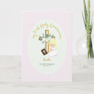 Custom First Holy Communion Cute Blonde Hair Girl Thank You Card