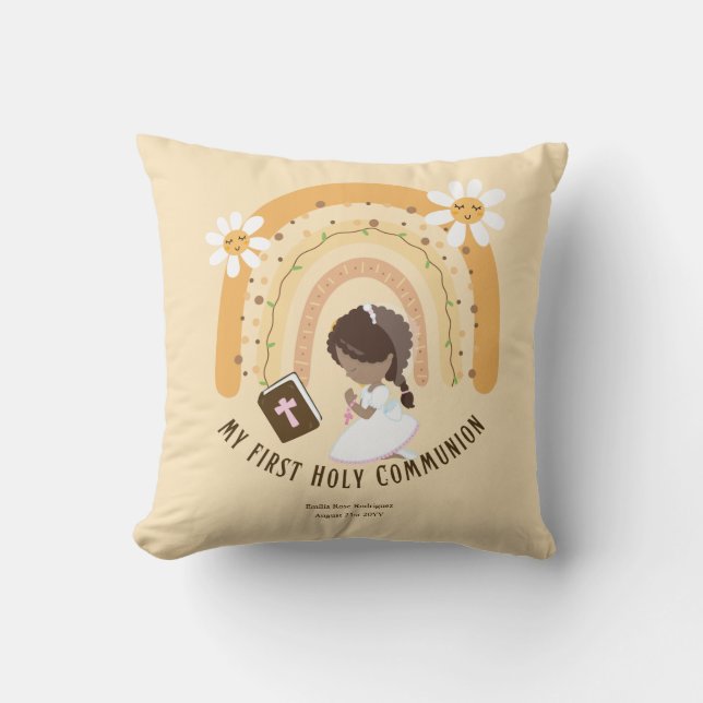 Custom First Holy Communion Cute Brown Hair Girl Cushion (Front)