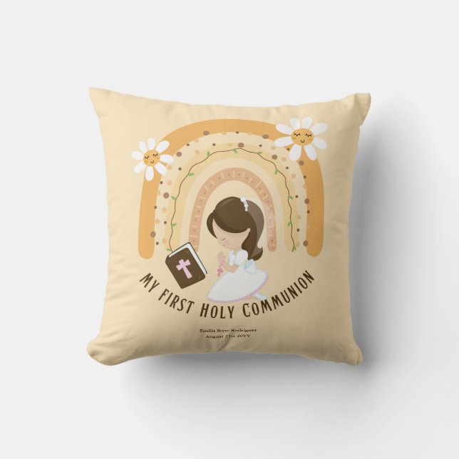 Custom First Holy Communion Cute Brown Hair Girl Cushion (Front)