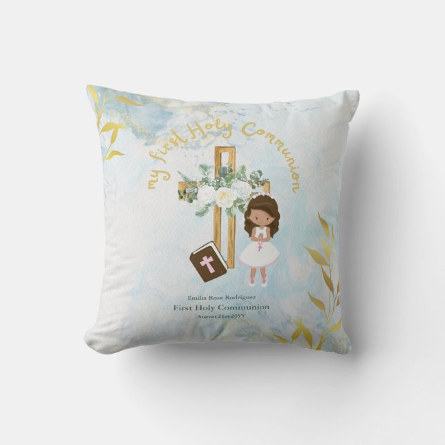 Custom First Holy Communion Cute Brown Hair Girl Cushion (Front)
