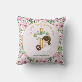 Custom First Holy Communion Cute Brown Hair Girl Cushion