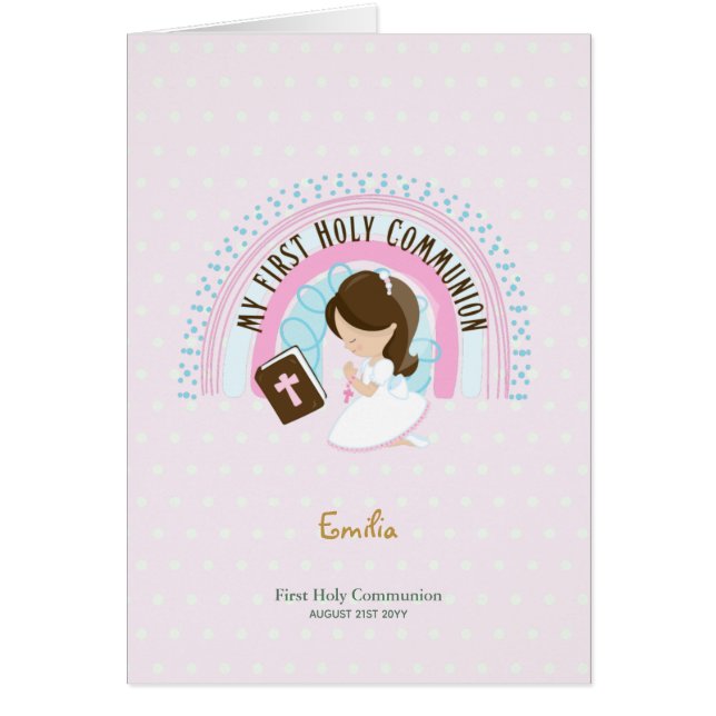 Custom First Holy Communion Cute Brown Hair Girl T (Front)