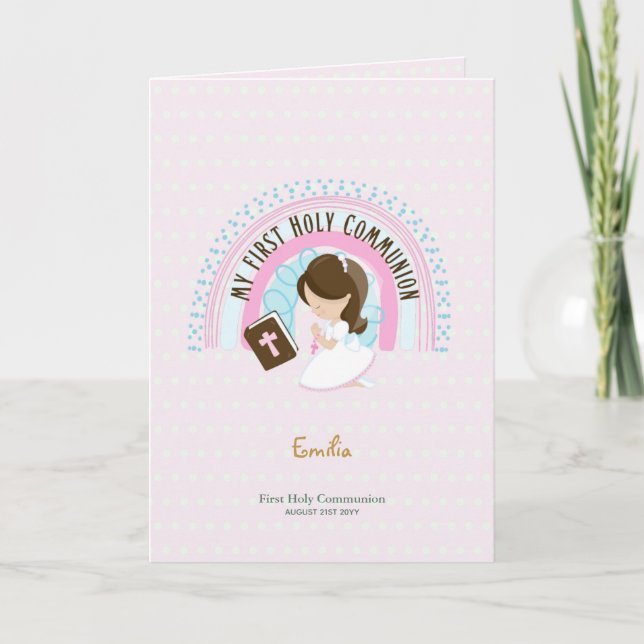 Custom First Holy Communion Cute Brown Hair Girl T Thank You Card (Front)