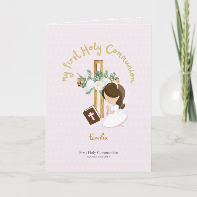 Custom First Holy Communion Cute Brown Hair Girl Thank You Card (Front)