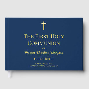 Custom First Holy Communion Elegant Catholic Blue Guest Book