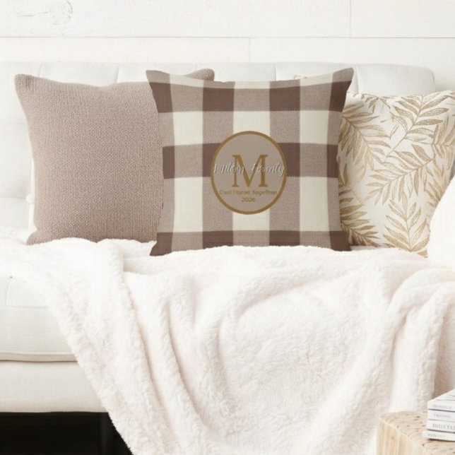 Custom First Home Brown Buffalo plaid monogram  Cushion (Creator Uploaded)