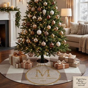 Custom First Home Brown Buffalo plaid monogram  Fleece Tree Skirt