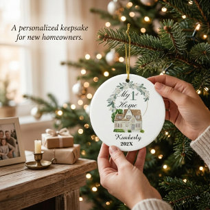 Custom First Home Watercolor House, housewarming Ceramic Tree Decoration