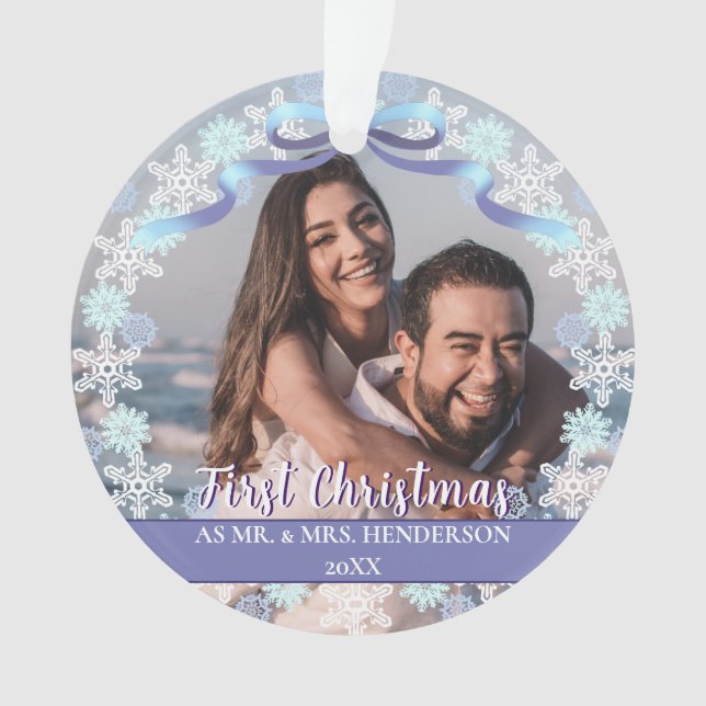Custom First Married Christmas Snowflakes Ribbon Ornament (Front)