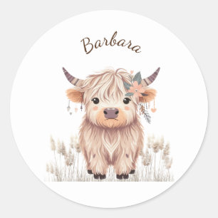 Custom First Name Cute Modern Boho Highland Cow Classic Round Sticker