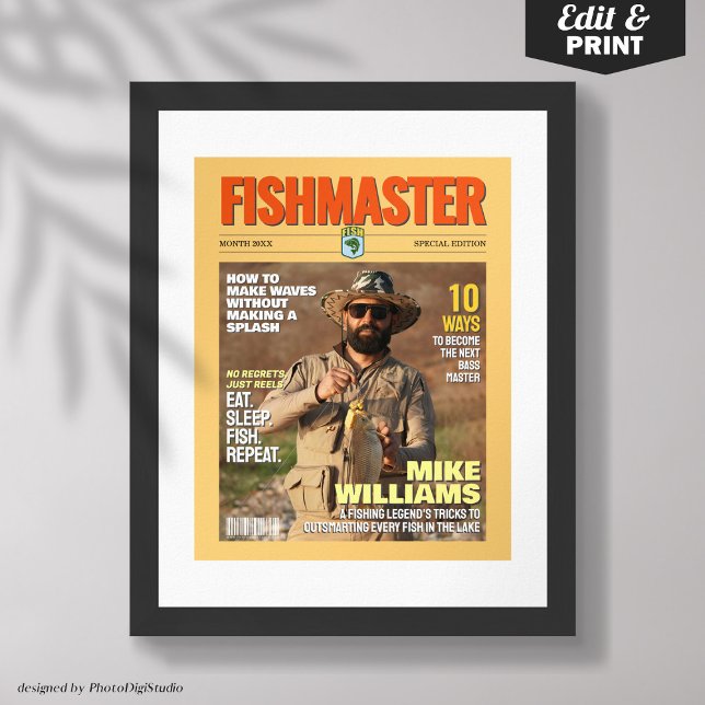 Custom Fishing Magazine Cover, Gift for Fisherman Poster (Custom Fishing Magazine Cover, Gift for Fisherman Poster Editable and Printable)