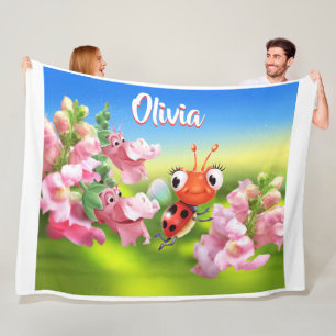 Custom Fleece blanket (80 x 60”) Ladybug flowers.
