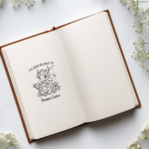 Custom Floral Baby Dragon Reading Bookplate Rubber Stamp