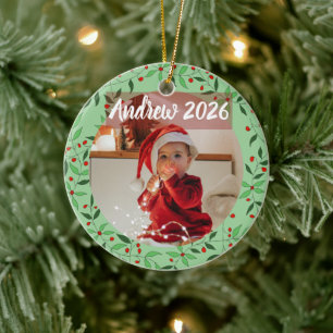 Custom Floral baby's first Christmas Photo Ceramic Tree Decoration