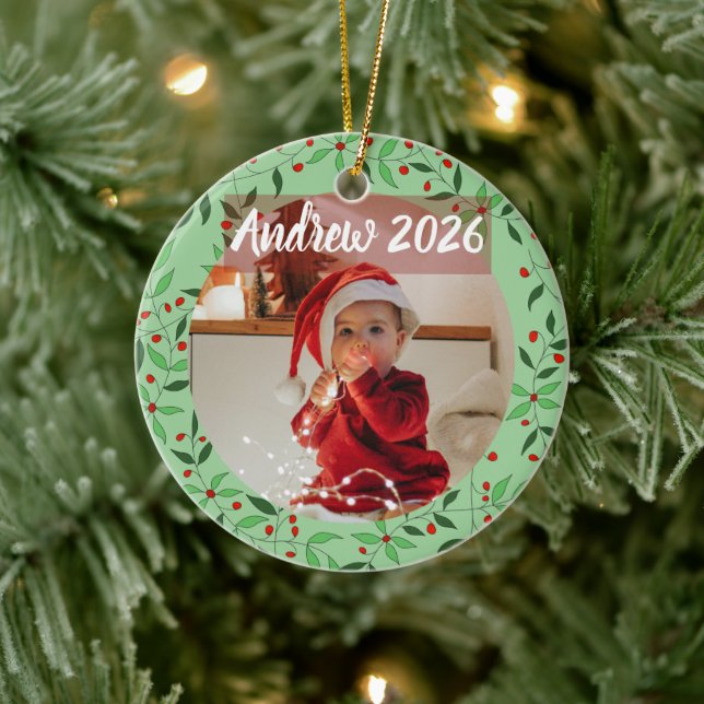 Custom Floral baby's first Christmas Photo Ceramic Tree Decoration (Tree)