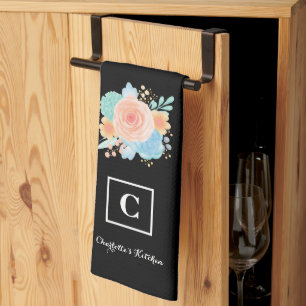Custom Floral Black Monogram Tea Towel