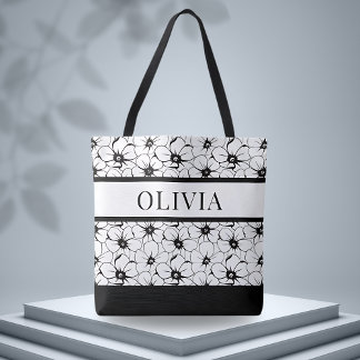 Custom Floral Black & White Pattern Tote Bag