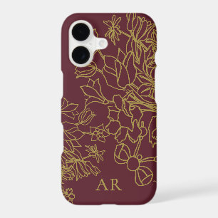 Custom Floral Burgundy Gold Line Art Hand Drawn 