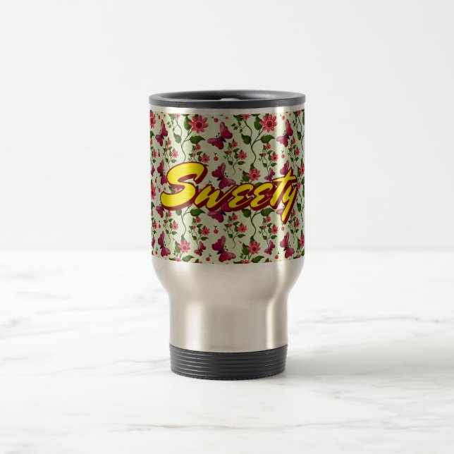 Custom floral Butterfly cherry seamless pattern  Travel Mug (Center)