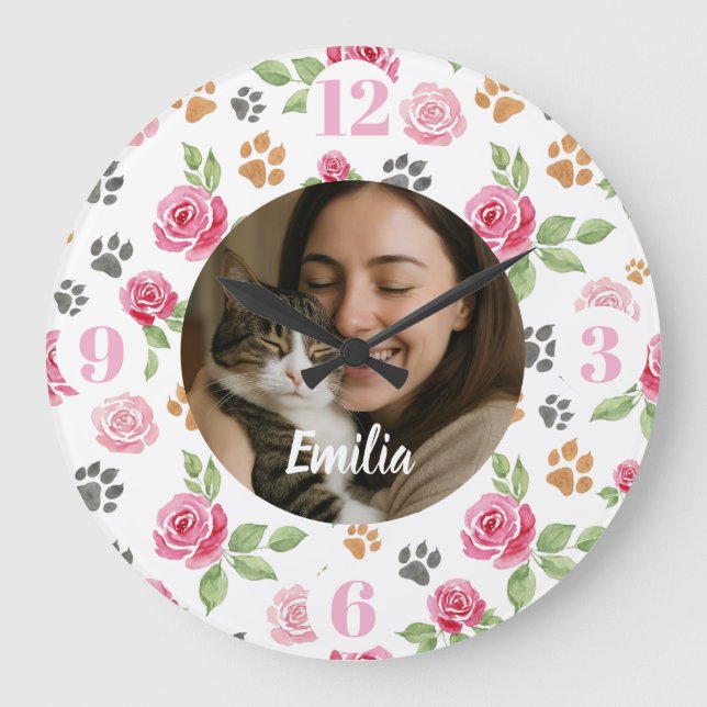 Custom Floral Cat Mom Wall Clock with Photo  (Front)
