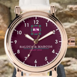 Custom floral couple names monogram  watch