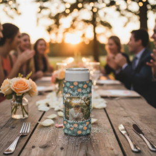 Custom Floral Doodle Photo Engagement Seltzer Can Cooler