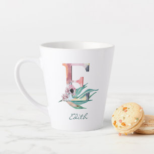 Custom Floral E Letter Watercolor Foliage Monogram Latte Mug