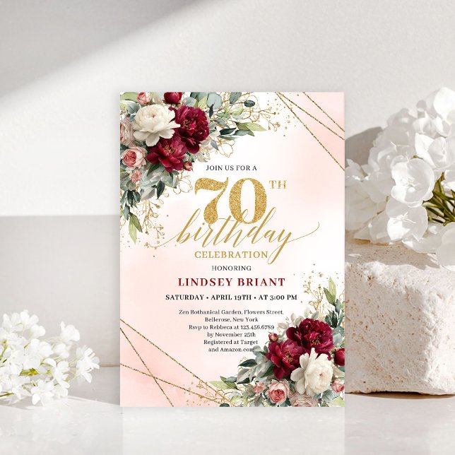 Custom floral gold 70th birthday celebration desig invitation (Custom floral gold 70th birthday celebration design)